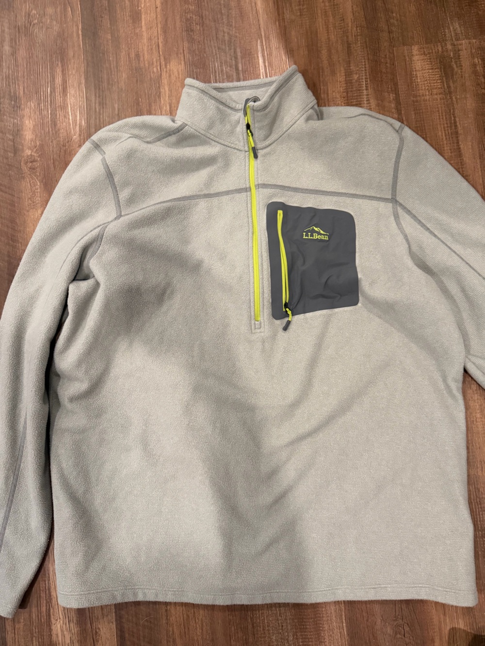 L.L. Bean Light Gray Fleece Pullover with Gray Chest Pocket and Yellow Zippers